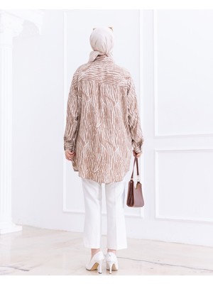 Modamorfo Çizgi Desenli Boydan Düğmeli Viskon Tunik -Vizon
