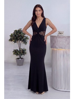 ZKS Grup Tekstil Zks Grup Tesktil-Kadın Dantel Detaylı Büzgülü Uzun Abiye Siyah, Beyaz Nikah