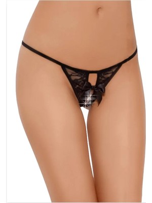 MK Beykoz Fantezi Arkası Açık Fiyonklu Siyah Dantel String - Tanga TG270023 - Xs