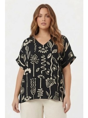 Rmg Grafik Desenli Kadın Büyük Beden Bluz Siyah