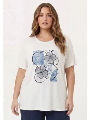 Rmg Çiçek Baskılı Kadın Büyük Beden Tişört Ekru