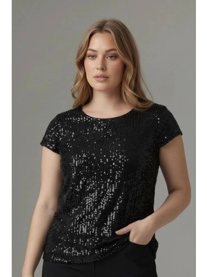 Rmg Pul Payetli Kısa Kol Büyük Beden Bluz