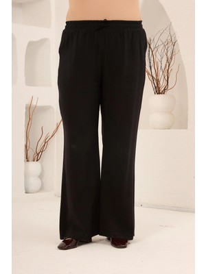 Rmg Bel Bağcık Detaylı Beli Lastikli Kadın Büyük Beden Pantolon Siyah