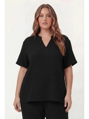 Rmg Hakim Yaka Büyük Beden Müslin Kumaş Bluz Siyah