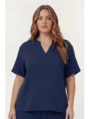 Rmg Hakim Yaka Büyük Beden Müslin Kumaş Bluz Lacivert