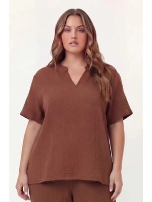 Rmg Hakim Yaka Büyük Beden Müslin Kumaş Bluz Kahve