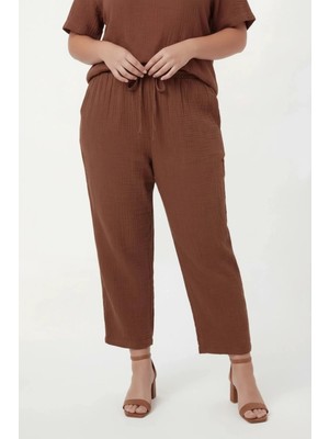 Rmg Beli Lastikli Bağcıklı Kadın Büyük Beden Pantolon Kahve