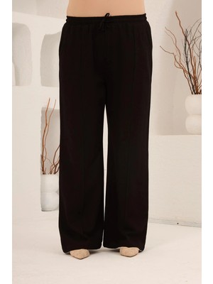 Rmg Beli Lastikli Bol Paça Büyük Beden Kadın Keten Pantolon Siyah