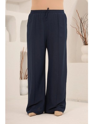 Rmg Beli Lastikli Bol Paça Büyük Beden Kadın Keten Pantolon Lacivert