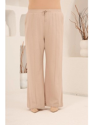 Rmg Beli Lastikli Bol Paça Büyük Beden Kadın Keten Pantolon Vizon