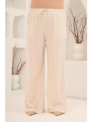 Rmg Beli Lastikli Bol Paça Büyük Beden Kadın Keten Pantolon Bej