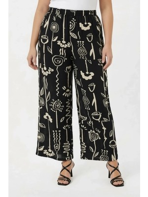Rmg Grafik Desenli Kadın Büyük Beden Pantolon Siyah