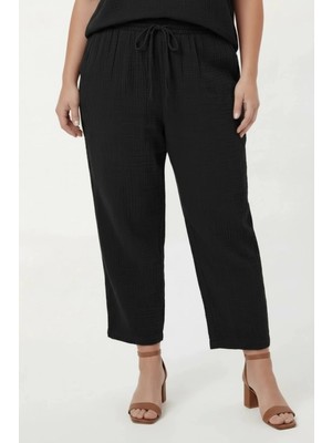 Rmg Beli Lastikli Bağcıklı Kadın Büyük Beden Pantolon Siyah