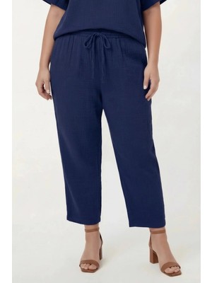Rmg Beli Lastikli Bağcıklı Kadın Büyük Beden Pantolon Lacivert