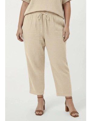 Rmg Beli Lastikli Bağcıklı Kadın Büyük Beden Pantolon Krem