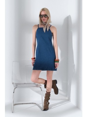 Maule %100 Pamuk Denim Bağlamalı Askılı Sırtı Fermuarlı Mini Kadın Elbise @lyra