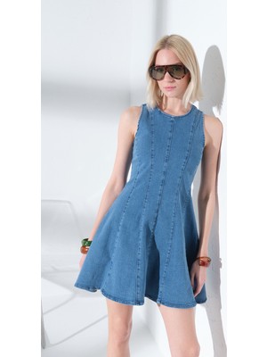 Maule Pamuklu Esnek Denim Bisiklet Yaka Panel Dikişli Mini Kadın Elbise @sofia