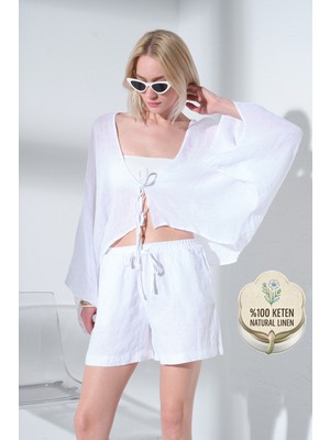 Maule %100 Keten Beli Lastikli ve Bağcıklı Rahat Kalıp Dokuma Kadın Şort @salto