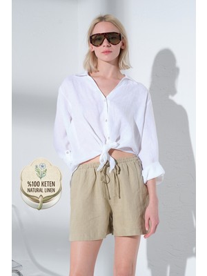 Maule %100 Keten Beli Lastikli ve Bağcıklı Rahat Kalıp Dokuma Kadın Şort @salto