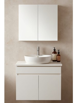 Dmz Home Concept Oval 42 cm Çanak Lavabolu, Tamamı Mdf,  Beyaz Renkli, Aynalı Üst Dolaplı Banyo Dolabı Takımı