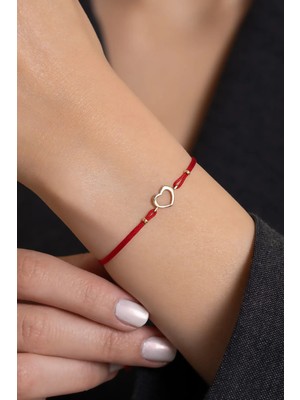 Bayar Gold 14 Ayar Altın Kırmızı İpli Sade Kalp Bileklik