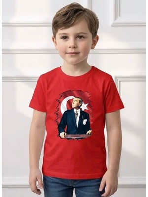 Atatürk Baskılı Ay Yıldızlı Kırmızı Tişört Tshirt Kız Erkek Çocuk