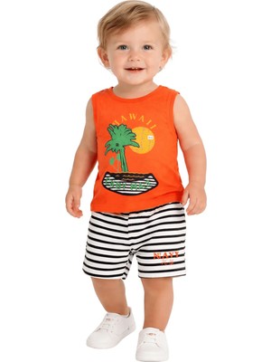 Çikoby Erkek Bebek Turuncu Hawaii Baskılı Atlet & Çizgili Şort 2’li Takım (9-24 Ay)