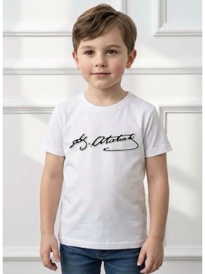 Kemal Atatürk Imzalı Kabartma Baskılı Beyaz Tişört Tshirt Kız Erkek Çocuk