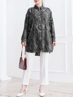 Modamorfo Çizgi Desenli Boydan Düğmeli Viskon Tunik -Siyah