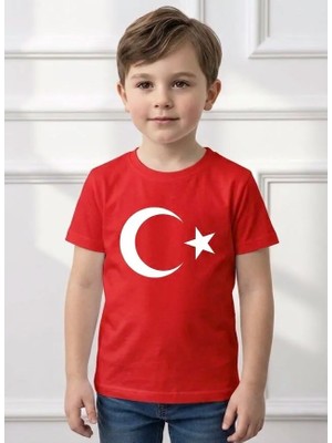 Kırmızı Beyaz Ay Yıldız Bayrak Baskılı Tişört Tshirt Kız Erkek Çocuk