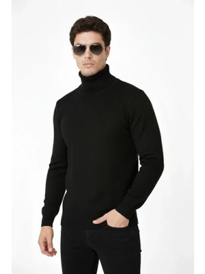 Evyora Tam Boğazlı Balıkcı Yaka Triko Kazak Yumuşak Dokulu Pamuklu Ince Dokuma Uzun Kollu - Siyah