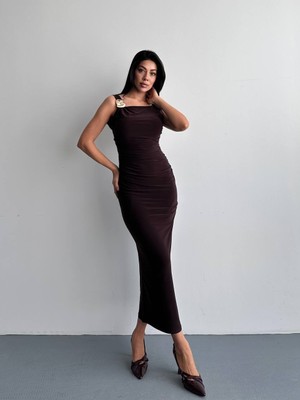 Cemo Kadın  Asimetrik Yaka Drapeli Uzun Abiye Elbise