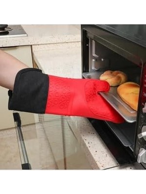 Kırmızı Silikon Yanmaz Yapışmaz Isı Yalıtımlı Mutfak Fırın Eldiveni Tencere Sahan Tutacak 35 cm
