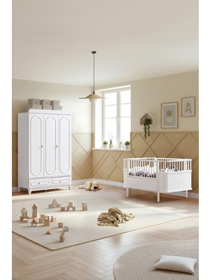 Setay Soft Çocuk Odası Takımı, Soft 3 Kapaklı Dolap, Yıldız Büyüyen Beşik - Beyaz