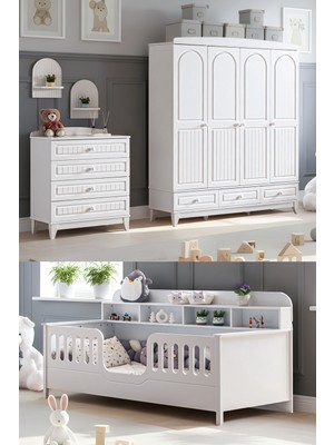 Setay Deniz Çocuk Odası, Deniz 4 Kapaklı Dolap, Şifonyer, Etap Kitaplıklı Karyola - Beyaz