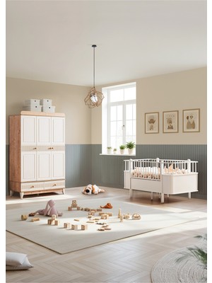 Setay Bakü Meşe Çocuk Odası Takımı, Bakü Meşe 3 Kapaklı Dolap, Krem Dünya Büyüyen Beşik