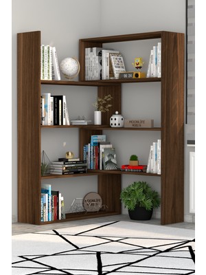 Moonlife Pisagor Kitaplık Ceviz Modern Tasarım 8 Raflı Suntalam 120 cm Genişlik 118 cm Yükseklik