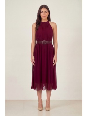 Zks Grup Tekstil-Kadın Halter Yaka Kemerli Şifon Midi Elbise Siyah, Bordo, Yeşil, Bej