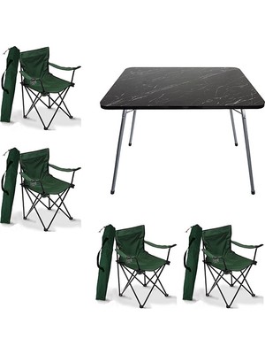 Bofigo Granit Desenli Katlanır Masa Ve 4 Adet Yeşil Kamp Sandalyeleri Ahşap Metal Plastik Polyester