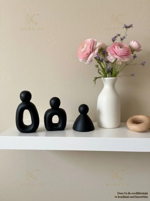 Nura Co 3'lü Aile Biblosu Mat Siyah Oval Figür Seti Soyut Heykel Modern Minimalist Dekoratif Ev Hediyes