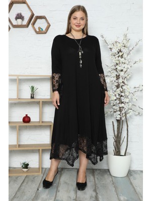 Kheos Kol Cep ve Etek Ucu Dantel Detaylı Uzun Kollu Siyah Kolyeli Kloş Elbise Günlük Stil