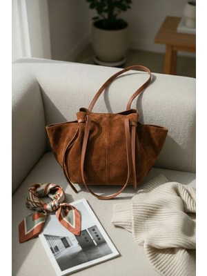 Marjin Kadın Hakiki Deri Shopper El ve Omuz Çantası Yorita Taba Süet