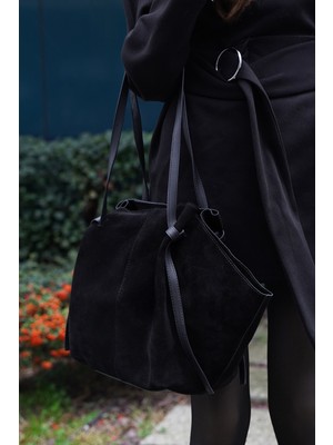 Marjin Kadın Hakiki Deri Shopper El ve Omuz Çantası Yorita Siyah Süet
