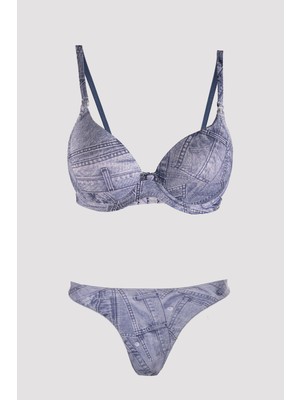 NBB Mavi Kot Desenli Destekli Sütyen Külot Takım
