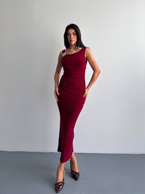 Cemo Kadın  Asimetrik Yaka Drapeli Uzun Abiye Elbise