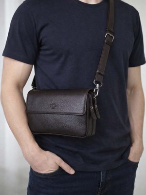 Derise Club Erkek Kahverengi Hakiki Deri Ayarlanabilir Omuz Askılı Portföy Çanta Erkek El Çantası