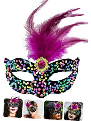 Urfakent Siyah Kadife Rengarenk Payetli Pembe Parti Maskesi