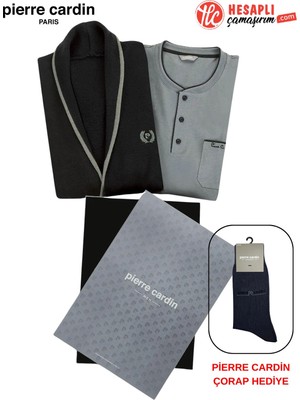 Pierre Cardin Paris Premium Erkek Triko Sabahlık Pamuklu Uzun Kollu 3'lü Damat Çeyiz Kutulu Pijama Takım Çorap Hediyeli
