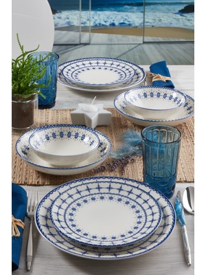Güral Porselen Atina 24 Parça 6 Kişilik Mavi Desenli, Bulaşık Makinesinde Yıkanabilir Porselen Yemek Takımı