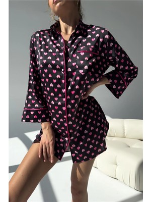 Coccolarsi Cuore Nero Gömlek Yaka Saten Uzun Tunik Gecelik